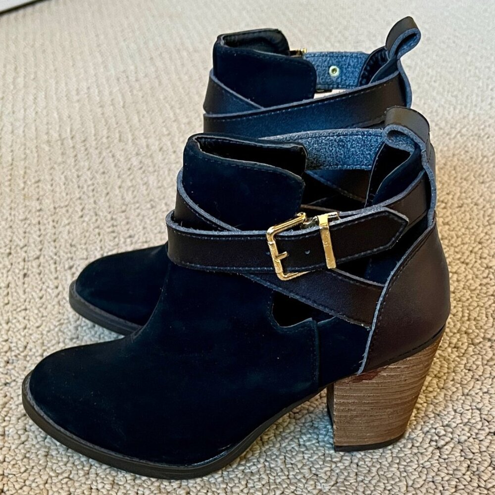 Black faux suede and leather ankle boots